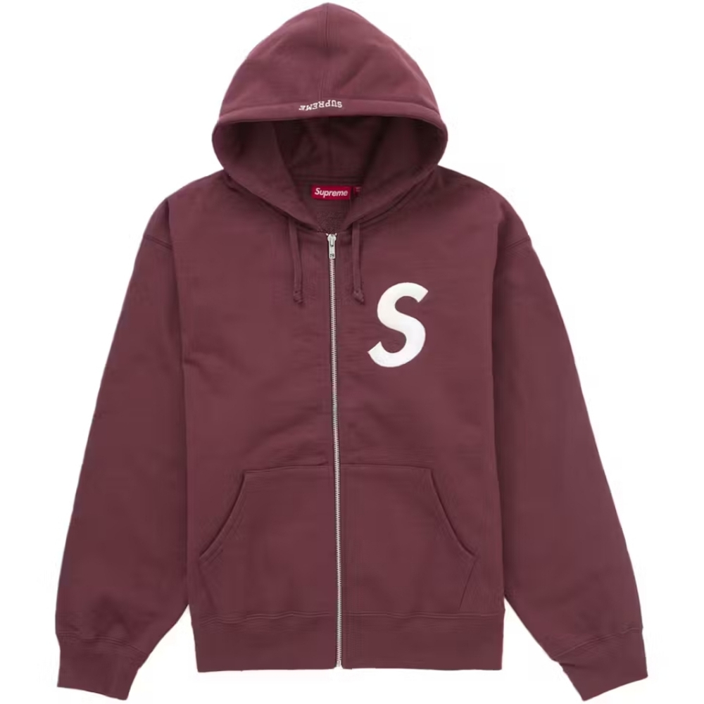 Supreme Burgundy Zip-Up Hoodie with White S